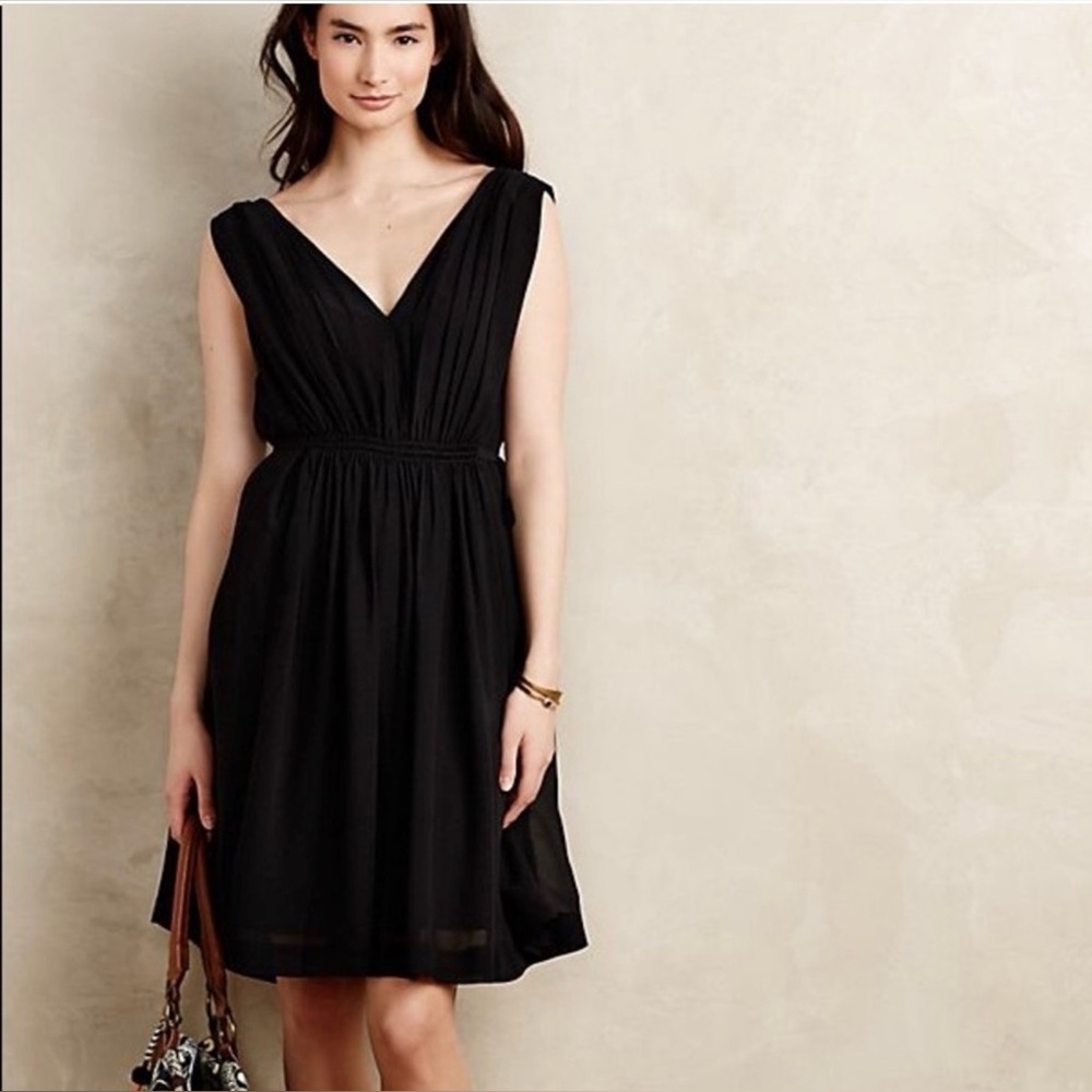 Anthropologie HD in Paris Black Chiffon Dress V Neck Sleeveless Fit & Flare
